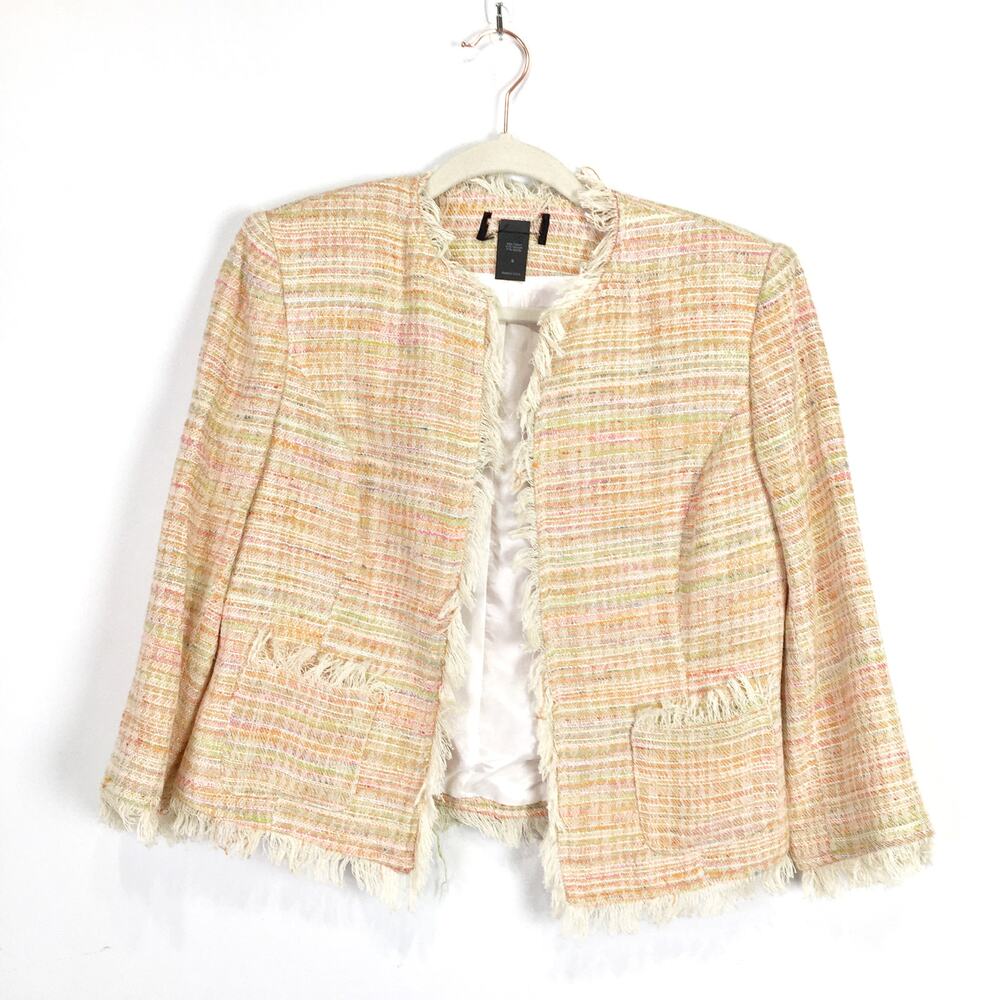 Vintage 90s y2k Moda International Pink pastel tweed jacket fringe Size Small
